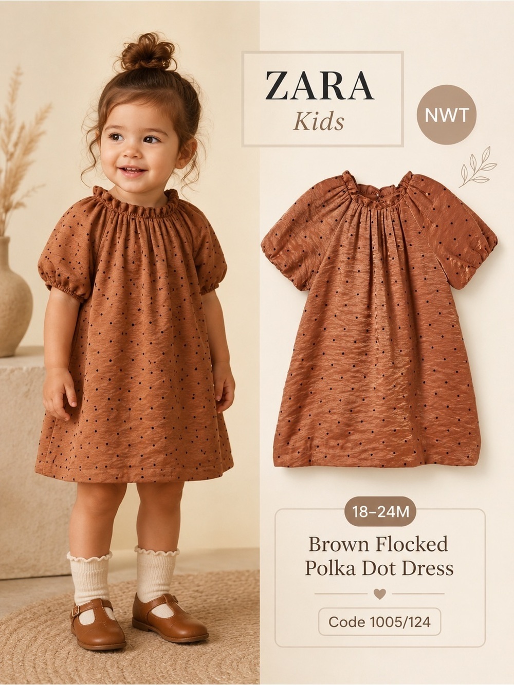Zara Kids Brown Flocked Polka Dot Puff Sleeve Dress NWT 18-24M